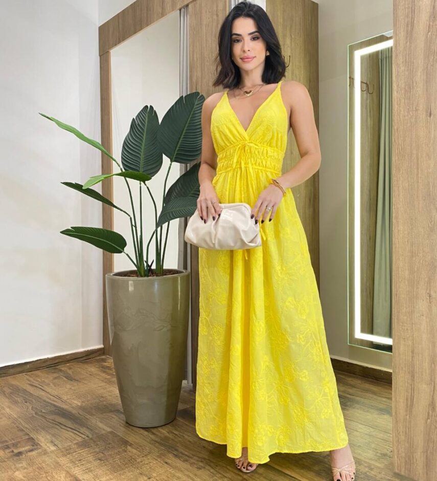 Vestido Longo Viscolinho Elis sem Bojo com Bordado Floral Amarelo - Fernanda Ramos Store