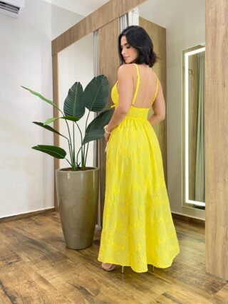 Vestido Longo Viscolinho Elis sem Bojo com Bordado Floral Amarelo - Fernanda Ramos Store