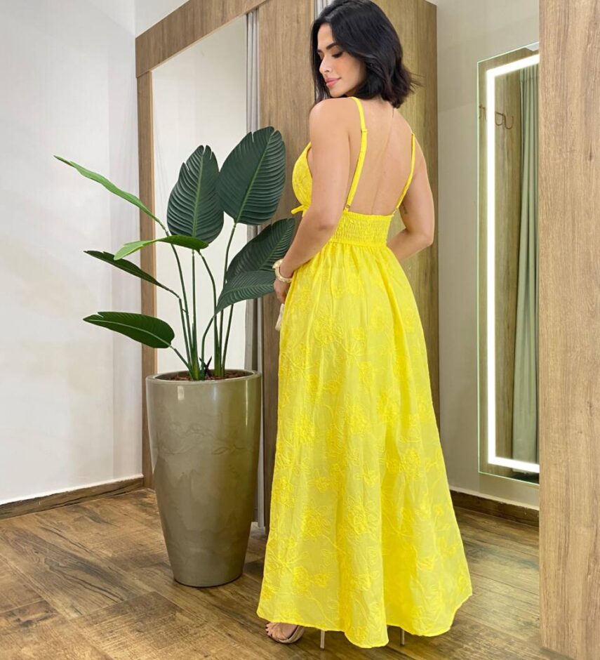 Vestido Longo Viscolinho Elis sem Bojo com Bordado Floral Amarelo - Fernanda Ramos Store