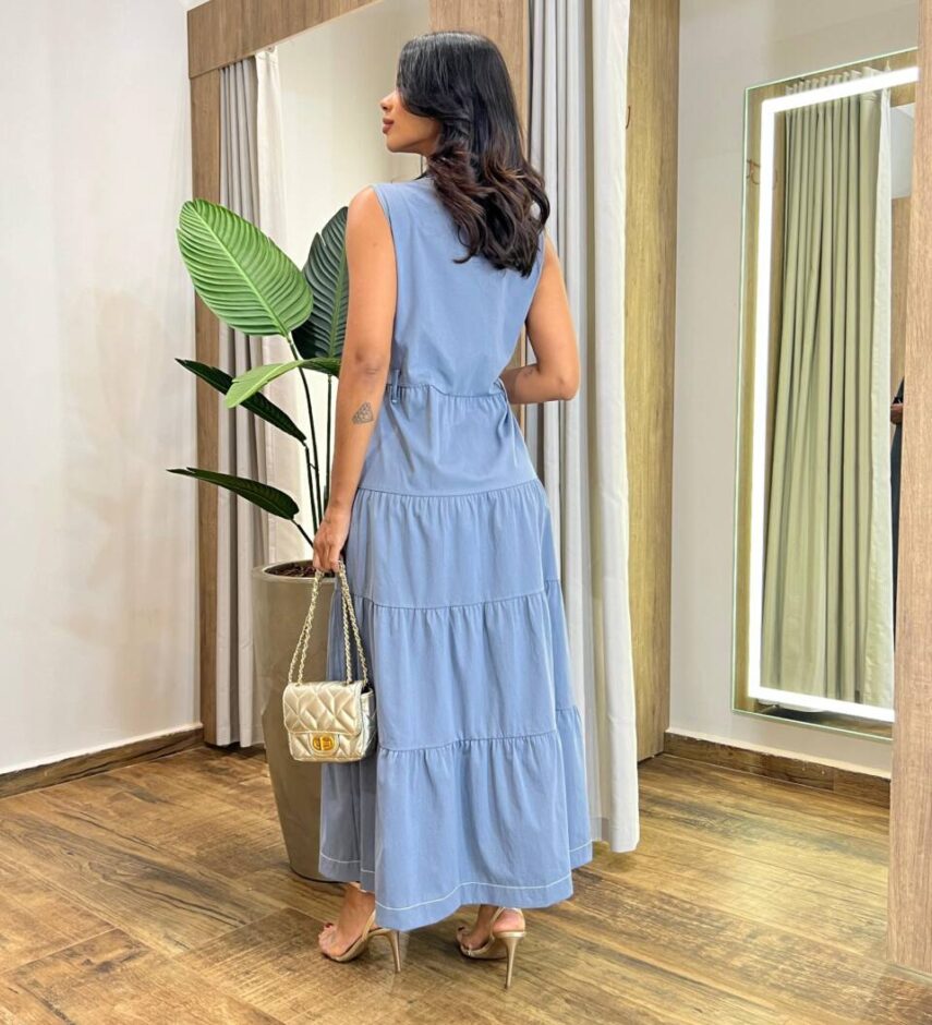 Vestido Midi Beatriz sem Bojo com Botões Cinza - Fernanda Ramos Store
