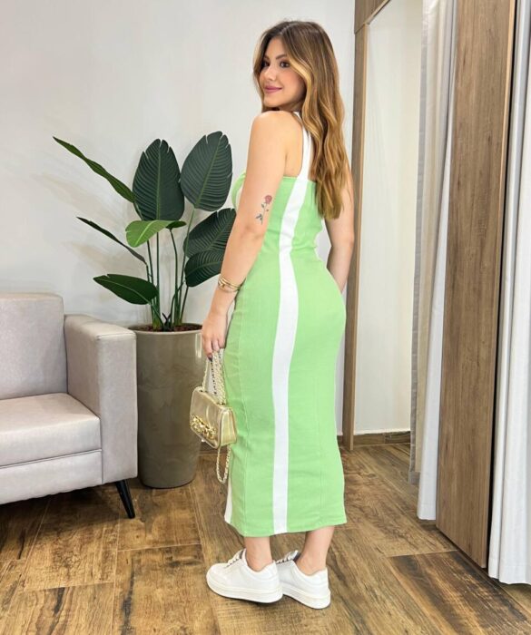 Vestido Midi Canelado Dora sem Bojo Verde com Detalhe Off White - Fernanda Ramos Store