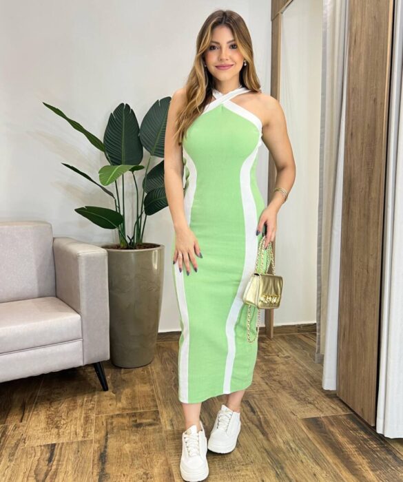 Vestido Midi Canelado Dora sem Bojo Verde com Detalhe Off White - Fernanda Ramos Store