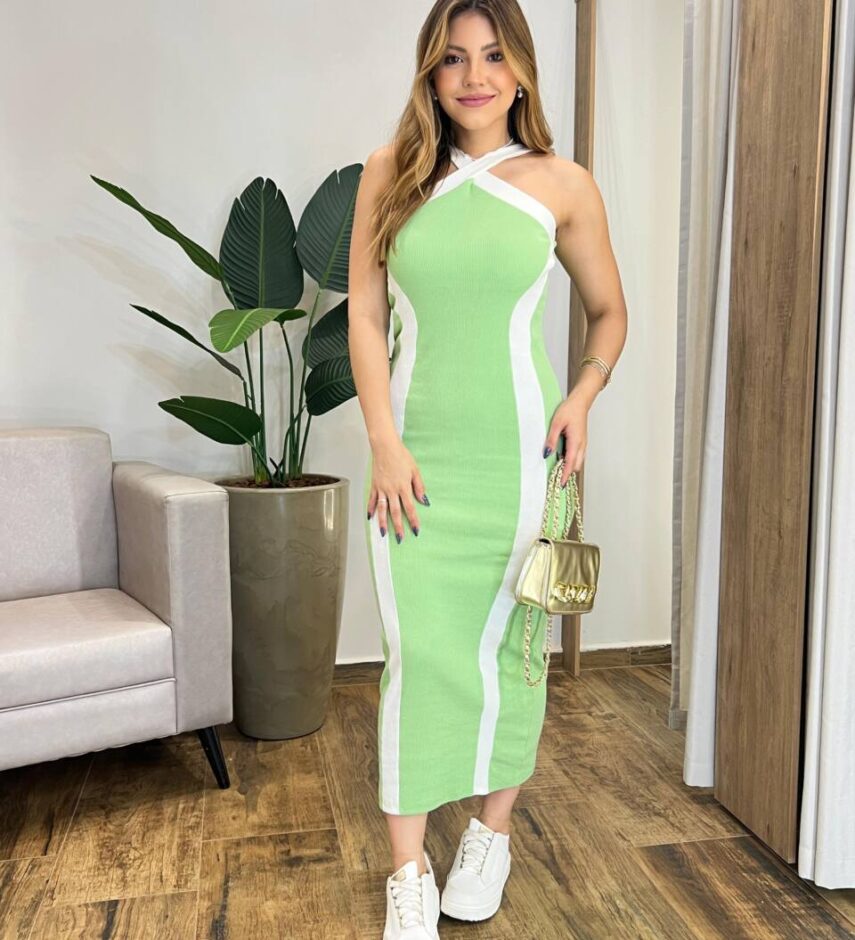 Vestido Midi Canelado Dora sem Bojo Verde com Detalhe Off White - Fernanda Ramos Store