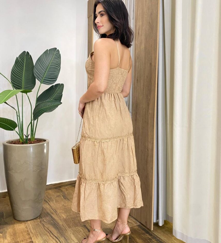 Vestido Midi Catarina sem Bojo Alça Regulável Bordado Bege - Fernanda Ramos Store