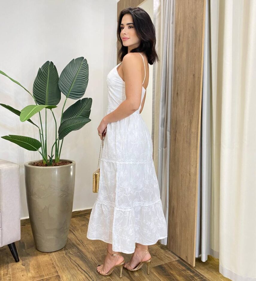 Vestido Midi Catarina sem Bojo Alça Regulável Bordado Branco - Fernanda Ramos Store