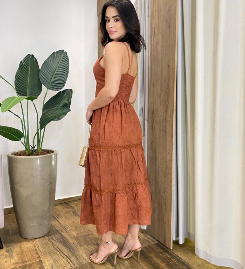 Vestido Midi Catarina sem Bojo Alça Regulável Bordado Marrom - Fernanda Ramos Store