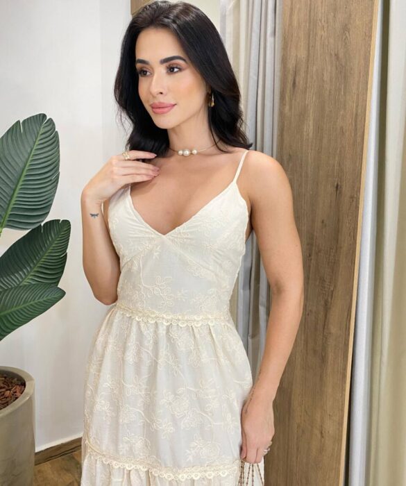 Vestido Midi Catarina sem Bojo Alça Regulável Bordado Creme - Fernanda Ramos Store