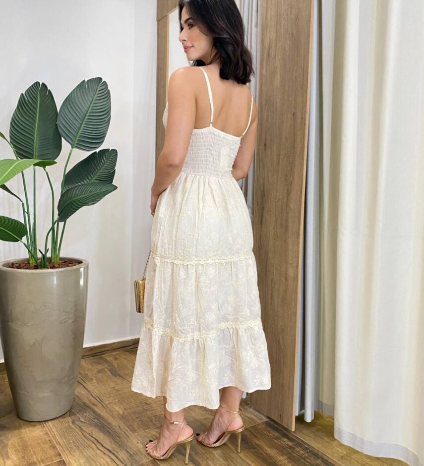 Vestido Midi Catarina sem Bojo Alça Regulável Bordado Creme - Fernanda Ramos Store