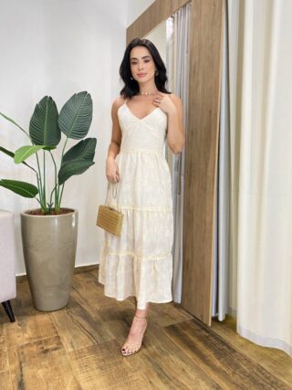 Vestido Midi Catarina sem Bojo Alça Regulável Bordado Creme - Fernanda Ramos Store