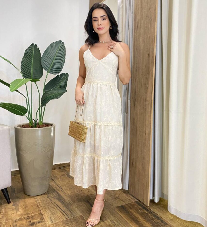 Vestido Midi Catarina sem Bojo Alça Regulável Bordado Creme - Fernanda Ramos Store