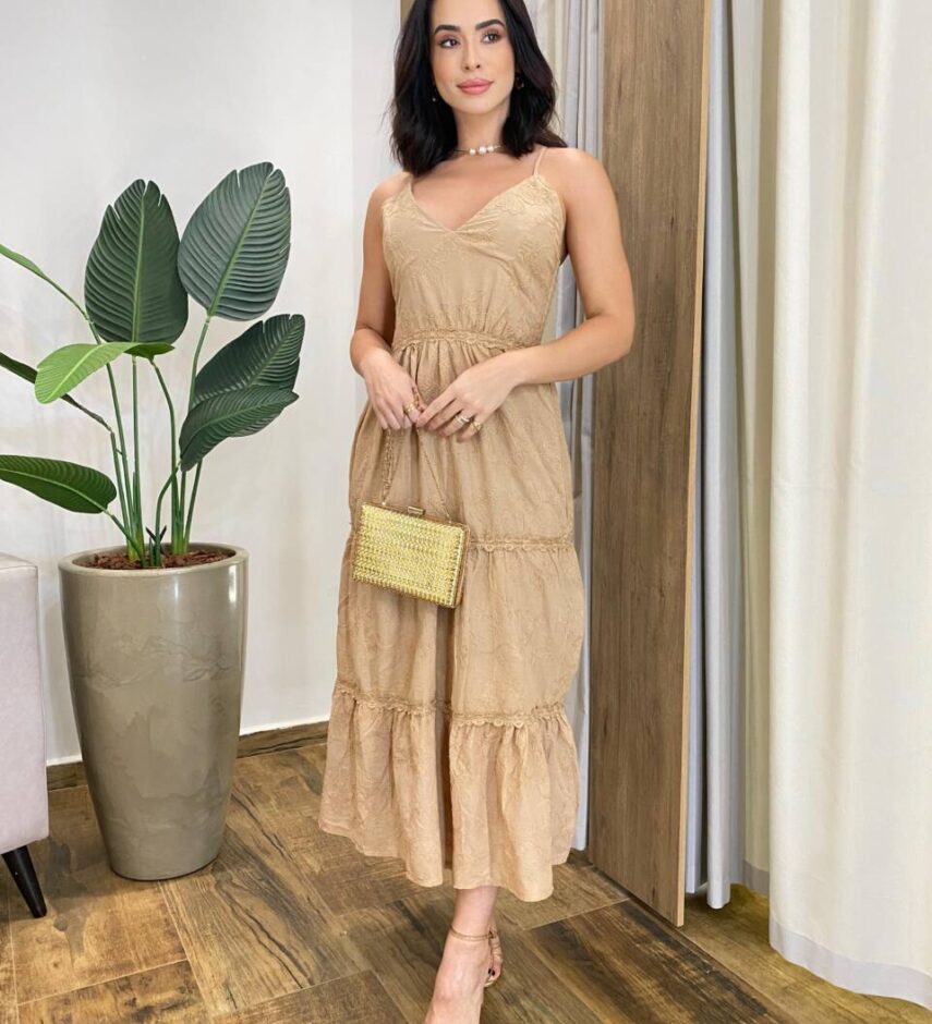 Vestido Midi Catarina sem Bojo Alça Regulável Bordado Bege - Fernanda Ramos Store