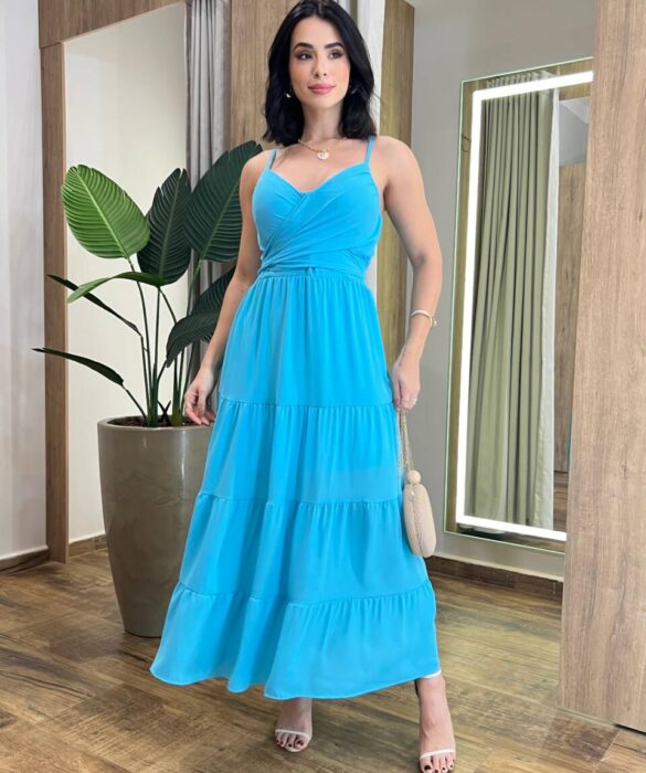 Vestido Midi Crepe Helena com Bojo e Detalhe Transpassado Azul - Fernanda Ramos Store