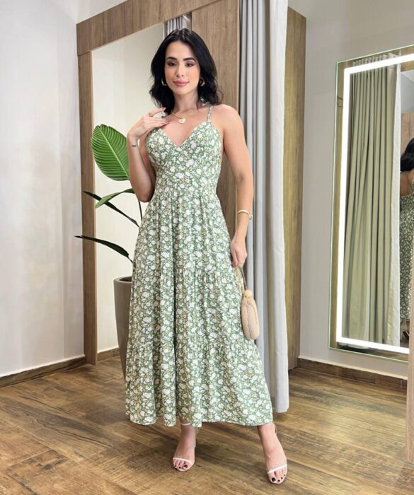 Vestido Midi Isa sem Bojo com Amarração nas Alças Estampado Verde - Fernanda Ramos Store