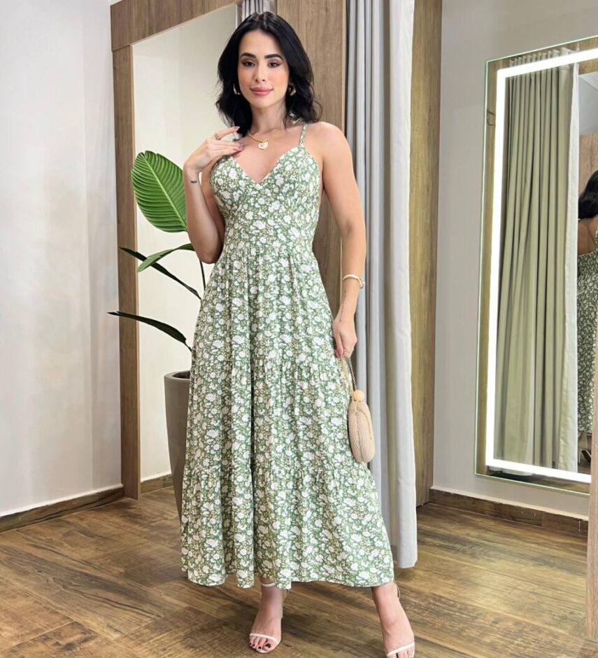 Vestido Midi Isa sem Bojo com Amarração nas Alças Estampado Verde - Fernanda Ramos Store