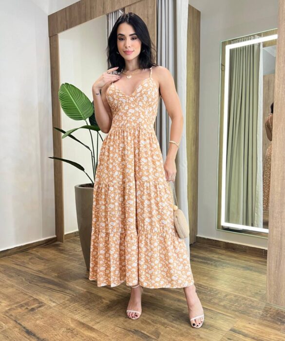 Vestido Midi Isa sem Bojo com Amarração nas Alças Estampado Caramelo - Fernanda Ramos Store