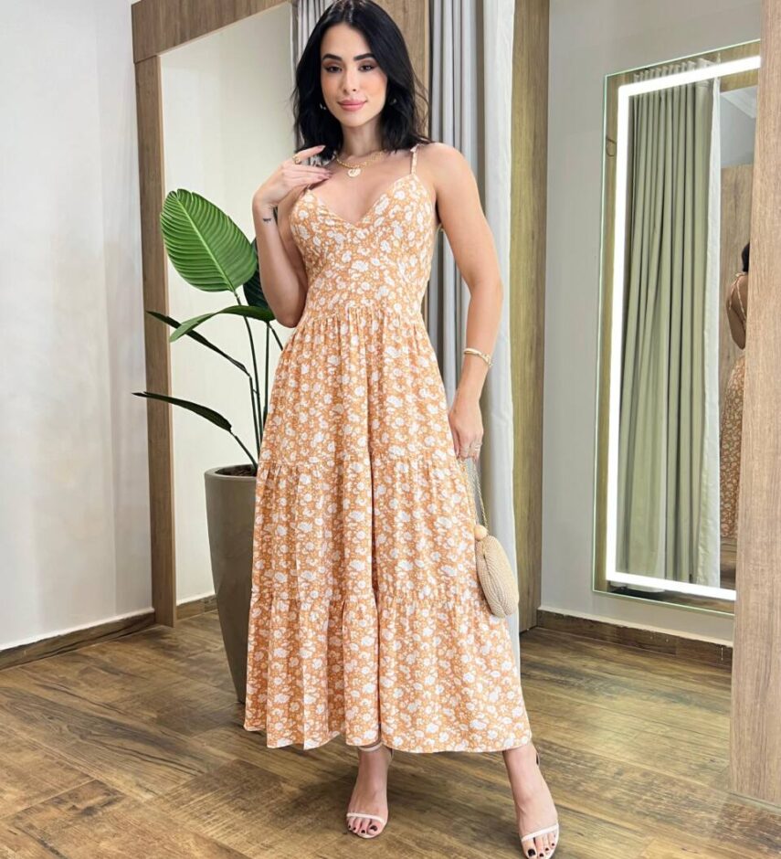 Vestido Midi Isa sem Bojo com Amarração nas Alças Estampado Caramelo - Fernanda Ramos Store