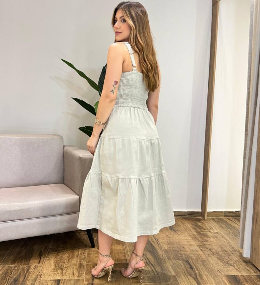 Vestido Midi Ivy Sarja sem Bojo com Elastano e Botões Gelo - Fernanda Ramos Store