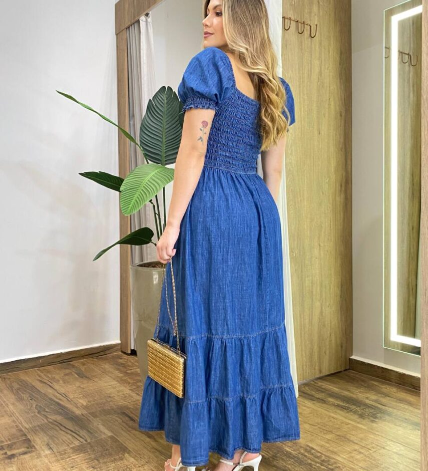 Vestido Midi Jeans Manga Bufante sem Bojo com Lastex - Fernanda Ramos Store