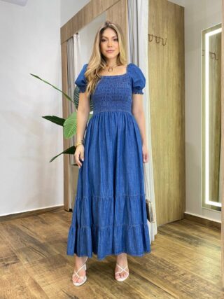 Vestido Midi Jeans Manga Bufante sem Bojo com Lastex - Fernanda Ramos Store