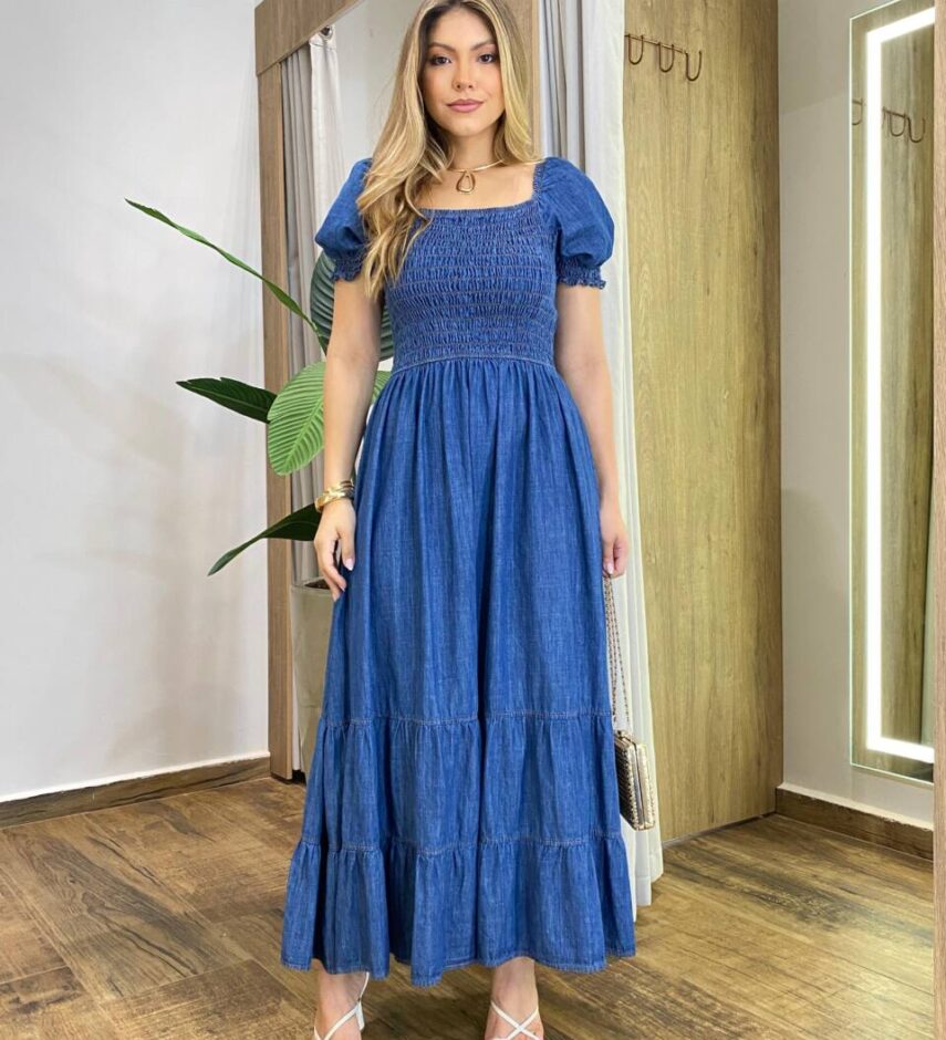 Vestido Midi Jeans Manga Bufante sem Bojo com Lastex - Fernanda Ramos Store