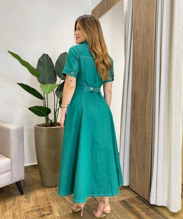 Vestido Midi Lady Sarja Manga Curta com Elastano e Botões Verde - Fernanda Ramos Store