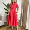 Vestido Midi Lady Sarja Manga Curta com Elastano e Botões Vermelho - Fernanda Ramos Store