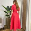 Vestido Midi Lady Sarja Manga Curta com Elastano e Botões Vermelho - Fernanda Ramos Store