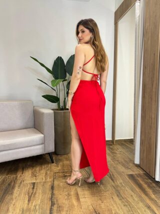 Vestido Midi Lara sem Bojo com Fenda Vermelho - Fernanda Ramos Store