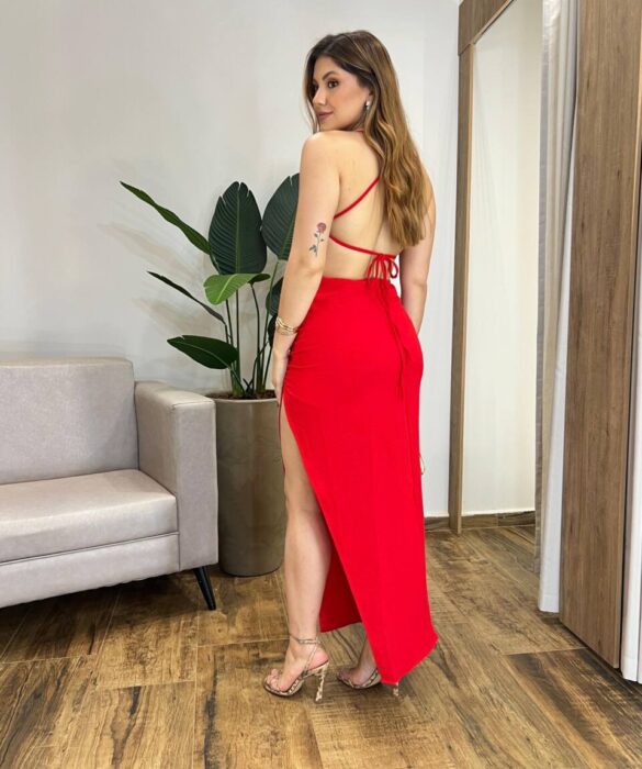 Vestido Midi Lara sem Bojo com Fenda Vermelho - Fernanda Ramos Store