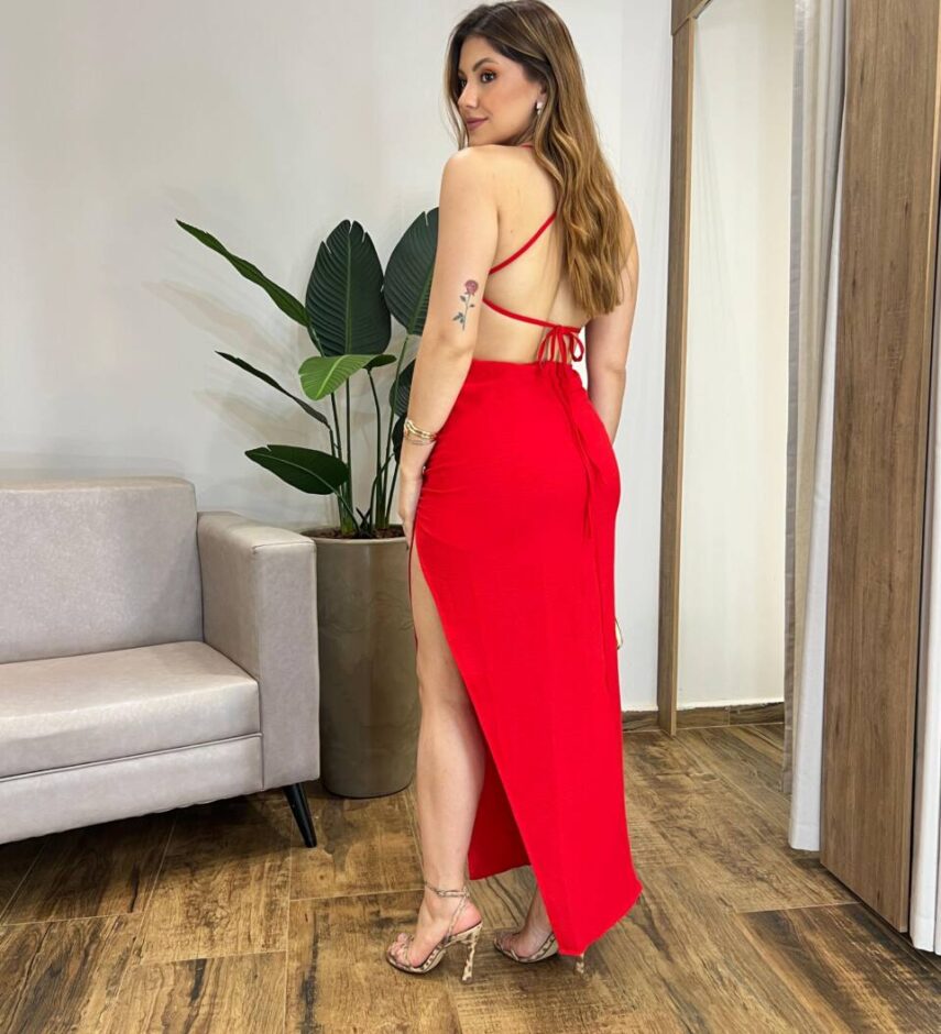 Vestido Midi Lara sem Bojo com Fenda Vermelho - Fernanda Ramos Store