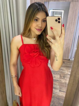 Vestido Midi Lari sem Bojo com Lastex e Detalhe em Flor Vermelho - Fernanda Ramos Store