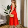 Vestido Midi Laura com Bojo e Amarração Atrás Vermelho - Fernanda Ramos Store