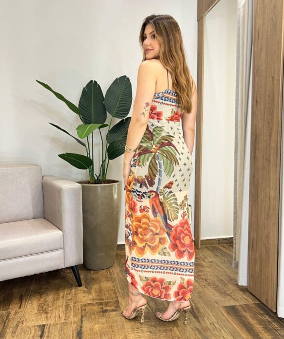 Vestido Midi Luma de Tule sem Bojo com Fenda Nude Estampado - Fernanda Ramos Store