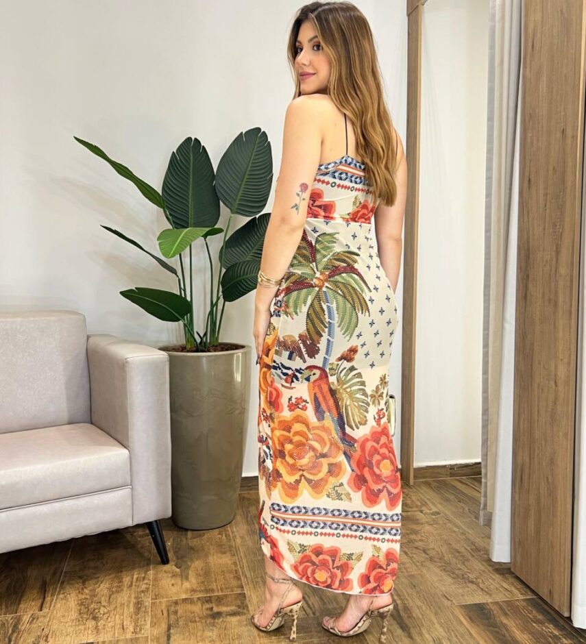 Vestido Midi Luma de Tule sem Bojo com Fenda Nude Estampado - Fernanda Ramos Store
