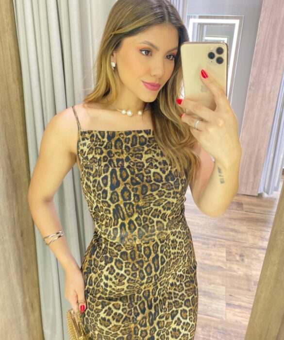 Vestido Midi Mya de Tule Alça Fina sem Bojo Animal Print - Fernanda Ramos Store