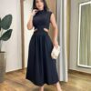 Vestido Midi Preto Ayla sem Bojo Gola Alta com Abertura - Fernanda Ramos Store