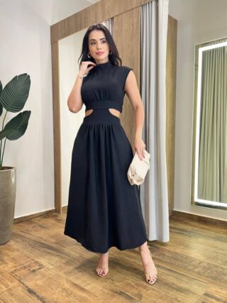 Vestido Midi Preto Ayla sem Bojo Gola Alta com Abertura - Fernanda Ramos Store