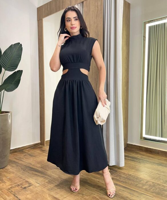 Vestido Midi Preto Ayla sem Bojo Gola Alta com Abertura - Fernanda Ramos Store