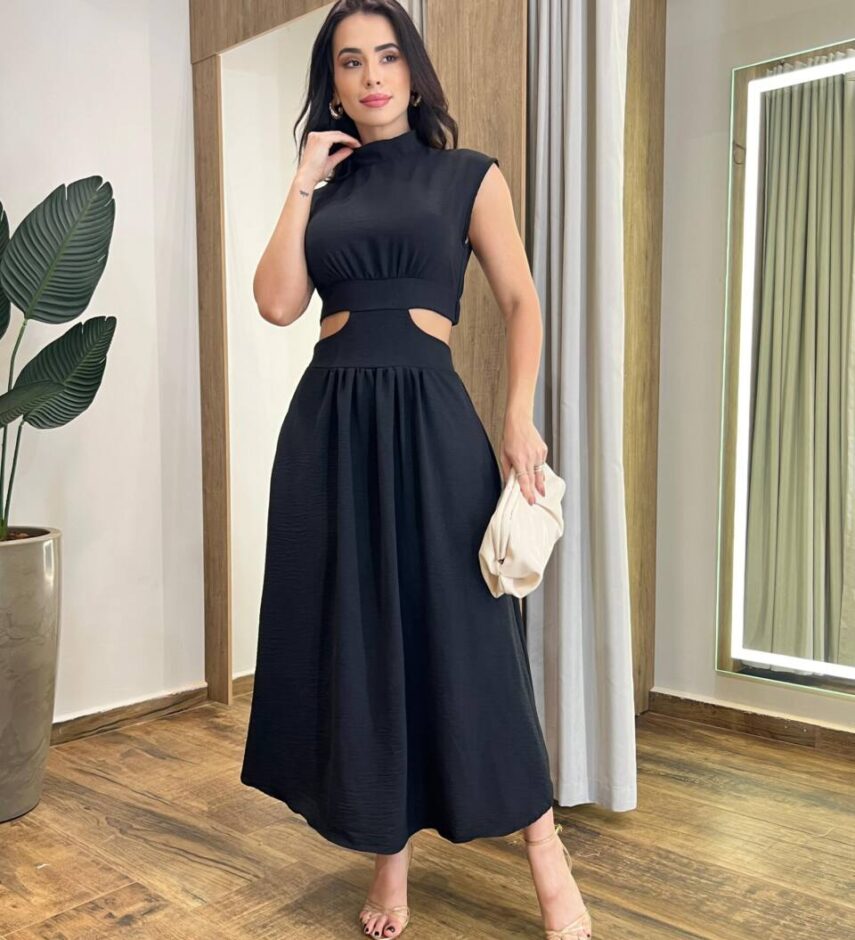 Vestido Midi Preto Ayla sem Bojo Gola Alta com Abertura - Fernanda Ramos Store