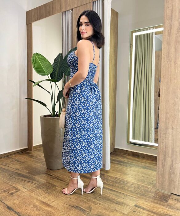 Vestido Midi Raquel com Bojo e Lastex Azul Estampado - Fernanda Ramos Store