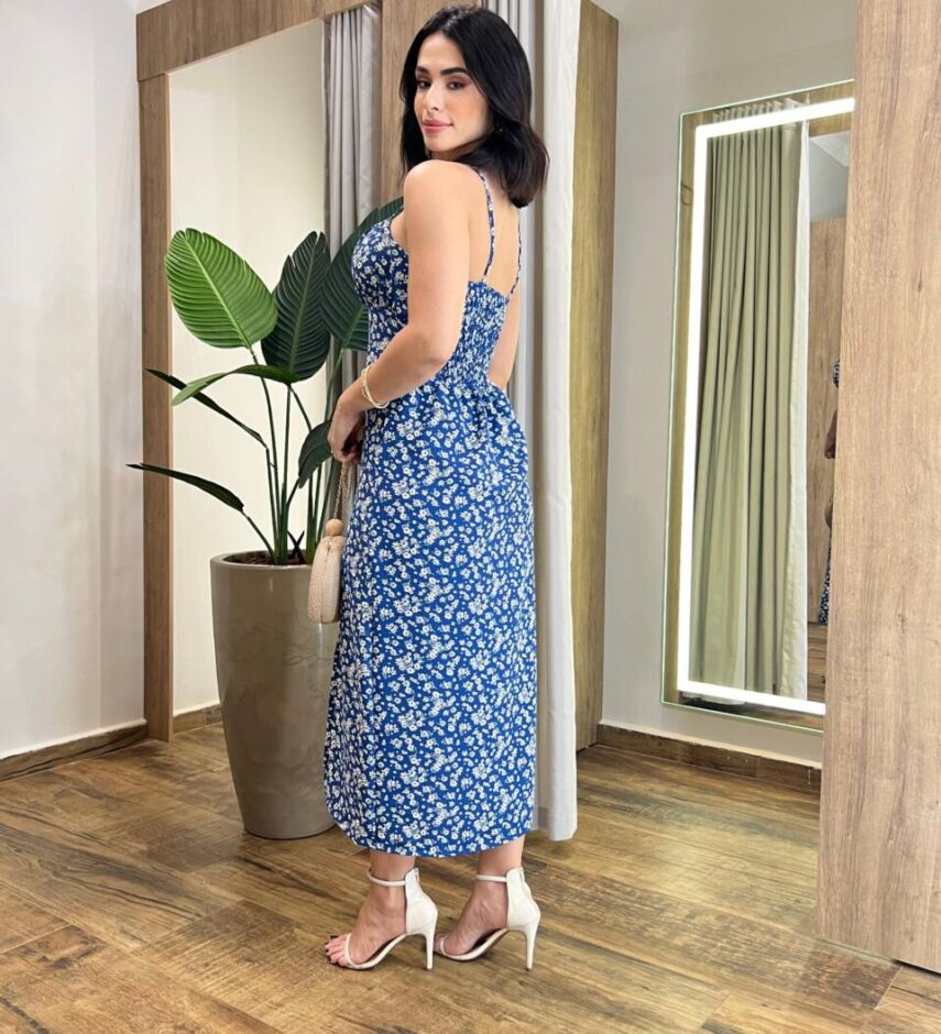 Vestido Midi Raquel com Bojo e Lastex Azul Estampado - Fernanda Ramos Store