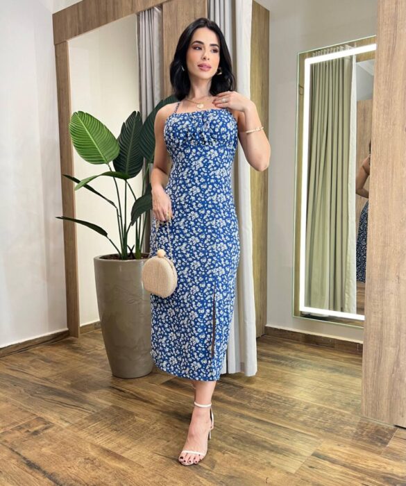 Vestido Midi Raquel com Bojo e Lastex Azul Estampado - Fernanda Ramos Store