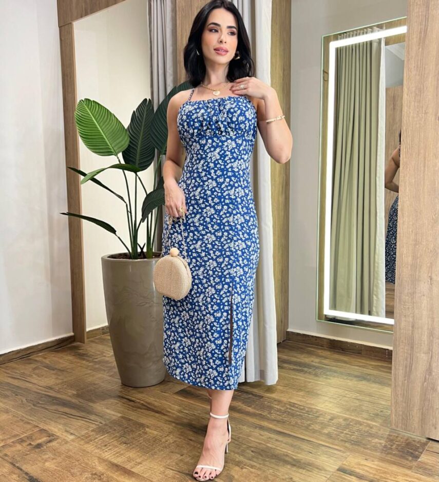 Vestido Midi Raquel com Bojo e Lastex Azul Estampado - Fernanda Ramos Store
