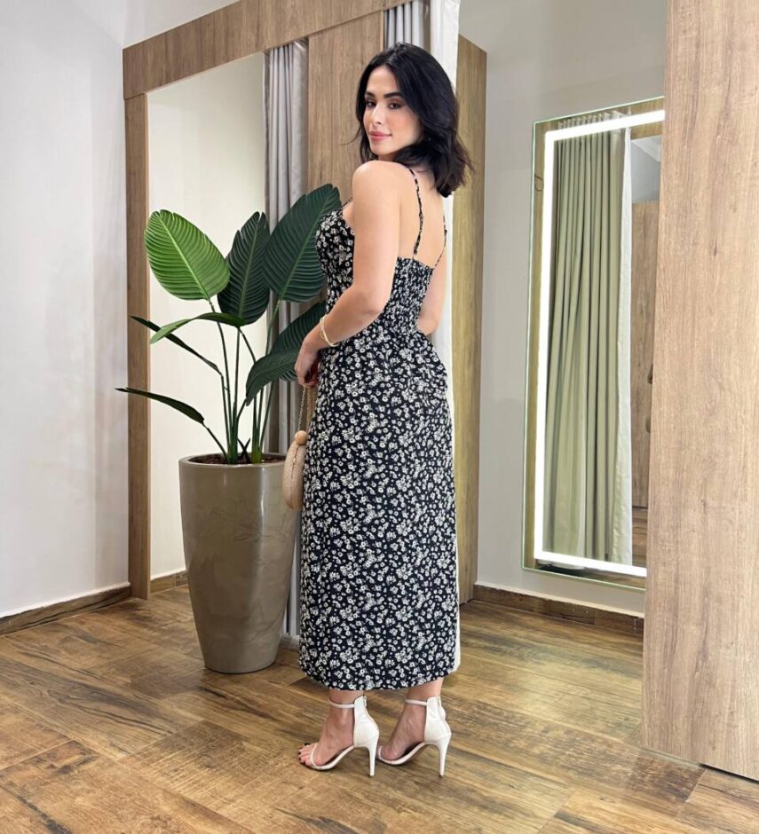 Vestido Midi Raquel com Bojo e Lastex Preto Estampado - Fernanda Ramos Store