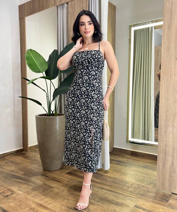 Vestido Midi Raquel com Bojo e Lastex Preto Estampado - Fernanda Ramos Store