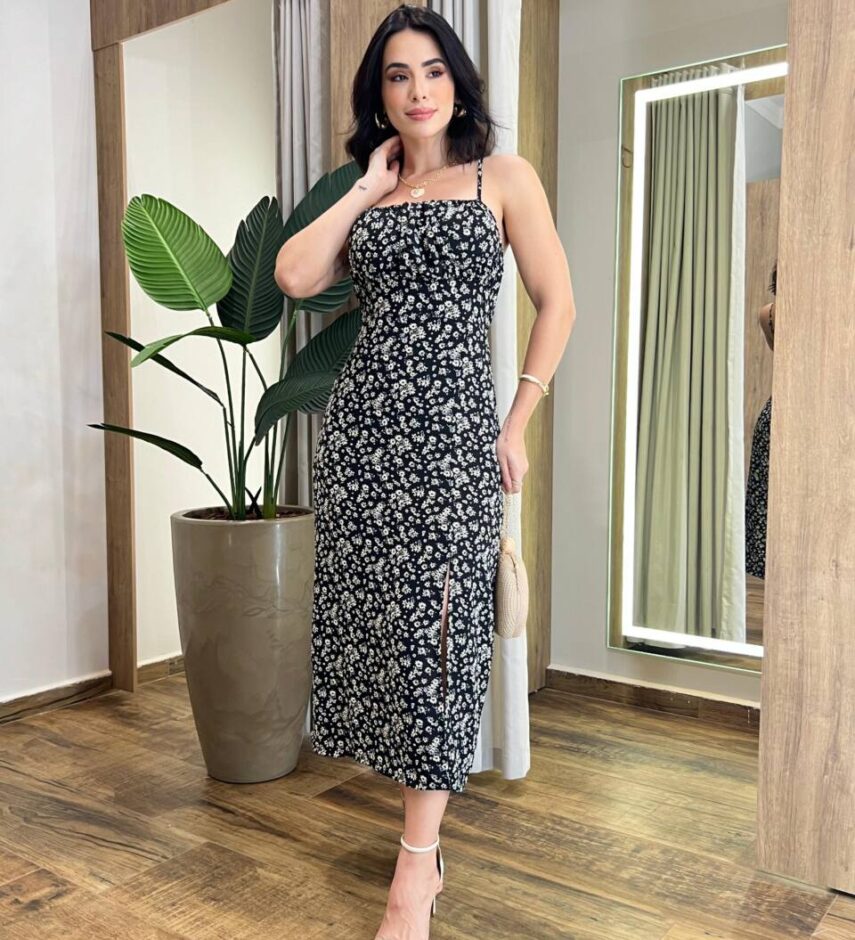 Vestido Midi Raquel com Bojo e Lastex Preto Estampado - Fernanda Ramos Store