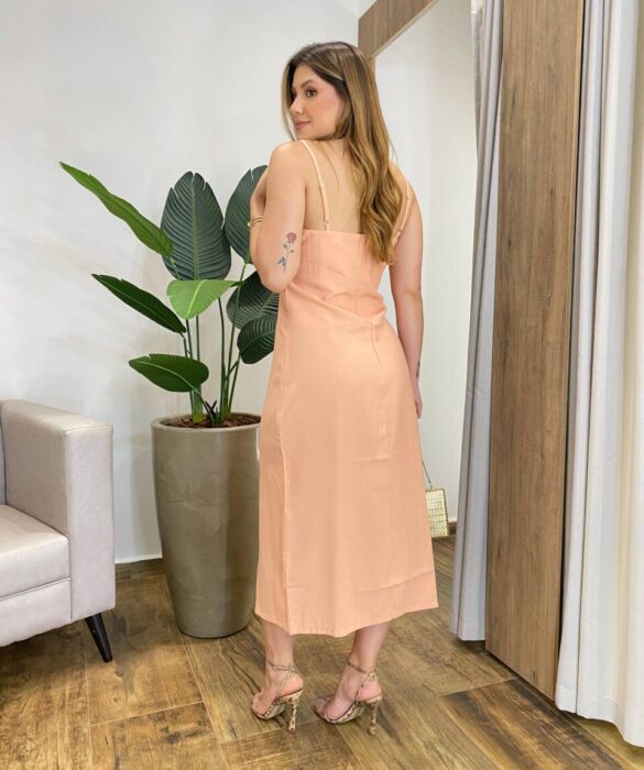 Vestido Midi Rayssa Alça Regulável sem Bojo com Zíper Atrás Salmão - Fernanda Ramos Store