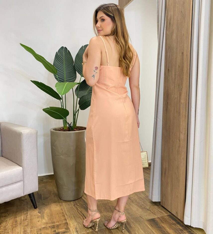 Vestido Midi Rayssa Alça Regulável sem Bojo com Zíper Atrás Salmão - Fernanda Ramos Store