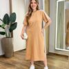 Vestido Midi Sophia Manga Curta sem Bojo com Fenda Caramelo - Fernanda Ramos Store