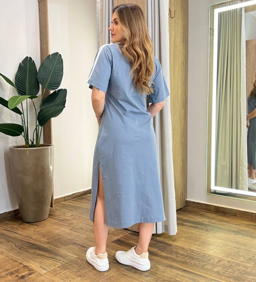 Vestido Midi Sophia Manga Curta sem Bojo com Fenda Cinza - Fernanda Ramos Store